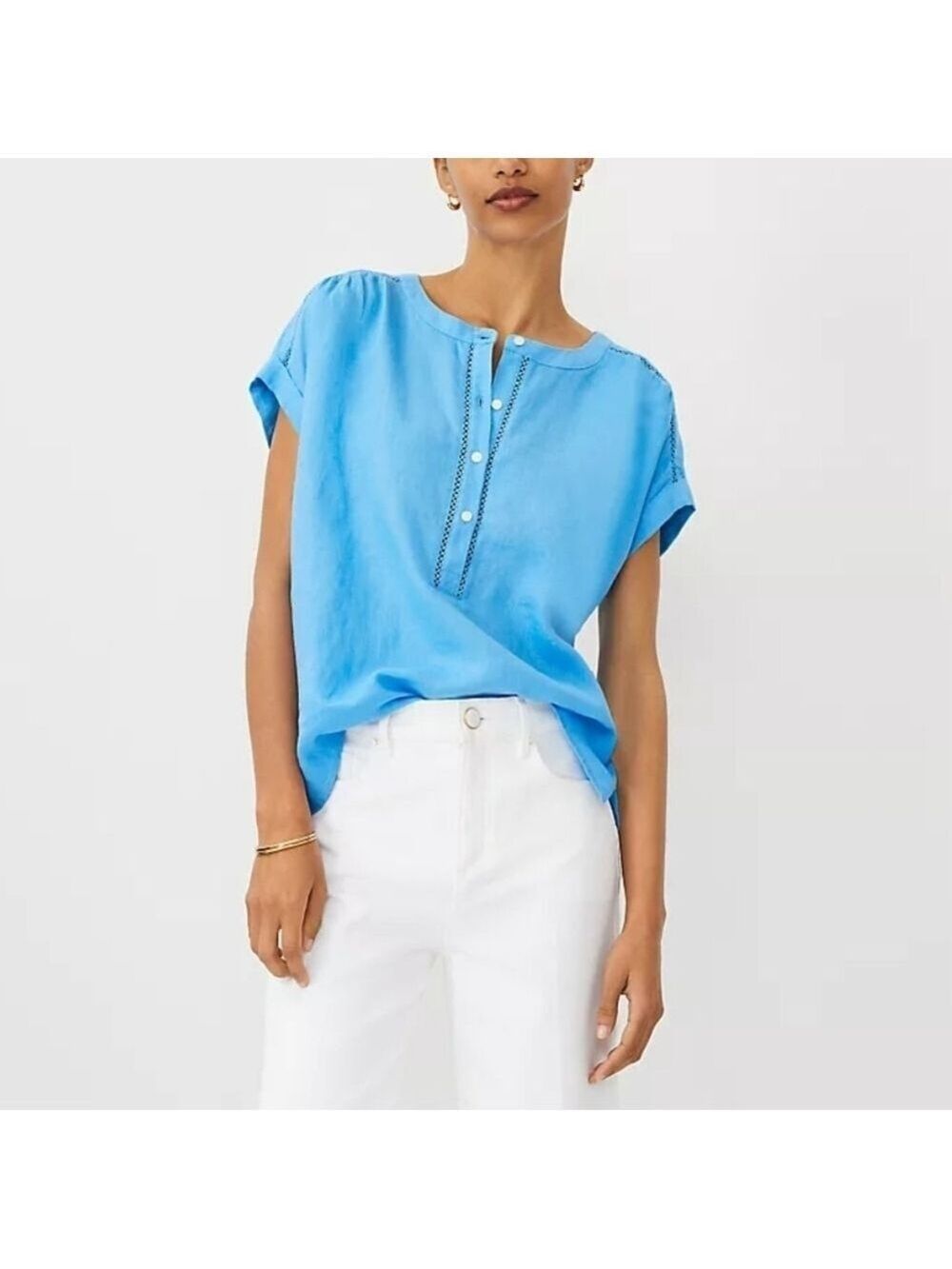 Ann Taylor Blue Cap Sleeve Blouse with Mandarin Collar